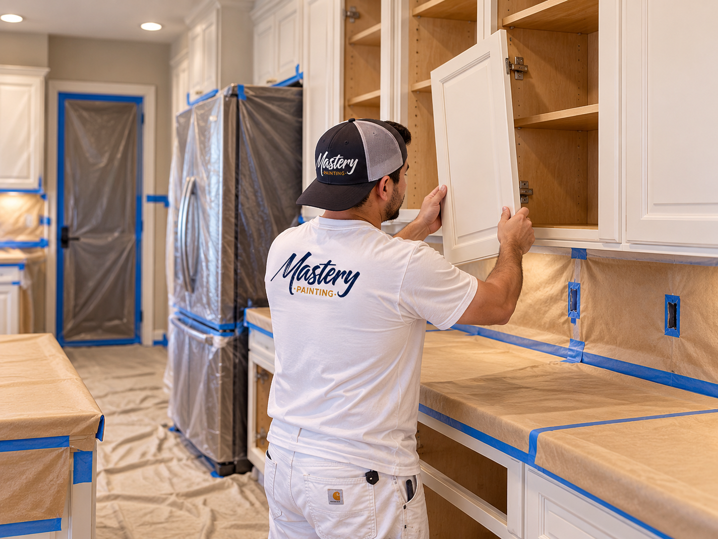 Painter removing a kitchen cabinet door during preparation for cabinet painting in a protected kitchen.