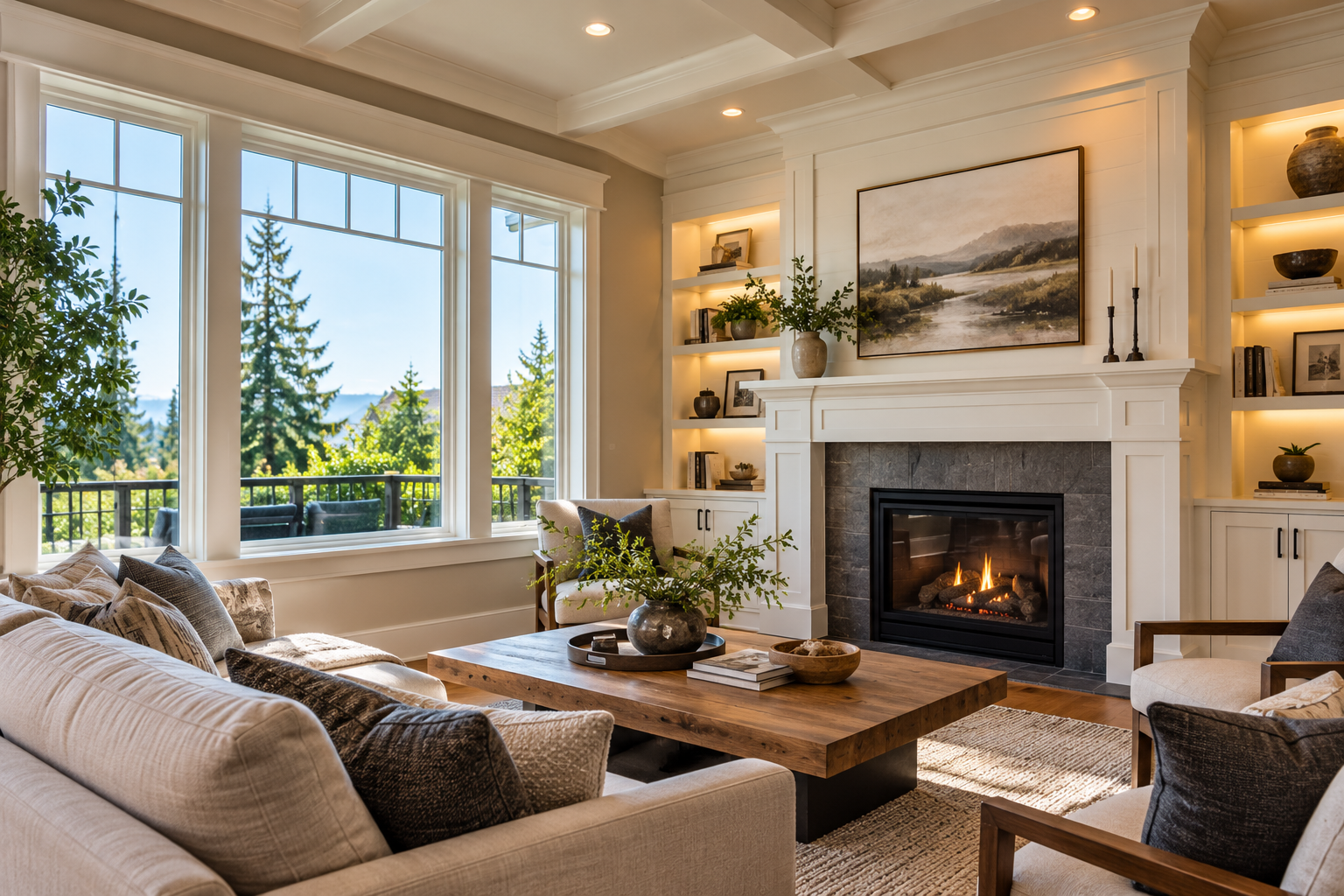 Elegant Pacific Northwest living room featuring professionally finished interior walls, trim, and fireplace surround.
