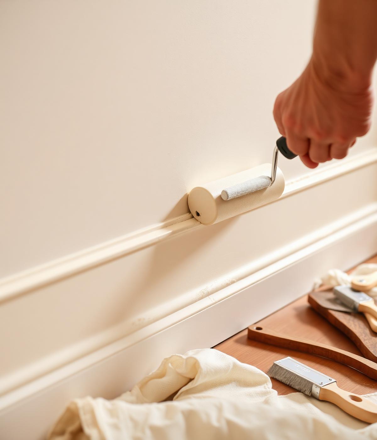 Close view of careful painting work along interior trim with brushes and drop cloths
