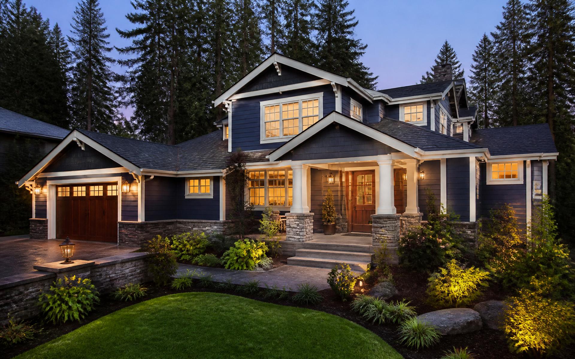 Freshly painted luxury Pacific Northwest home at dusk