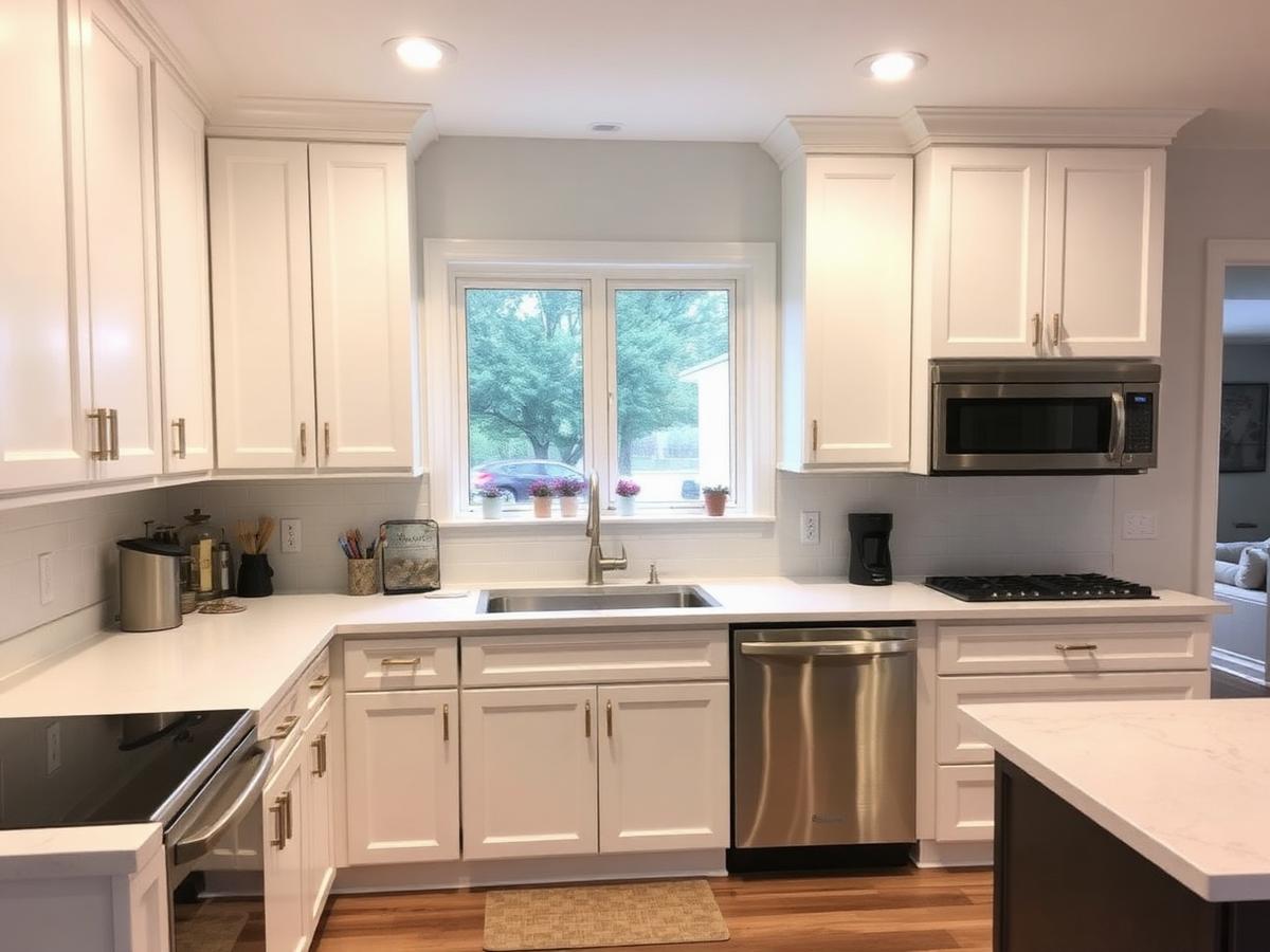 Kitchen with freshly refinished white cabinets