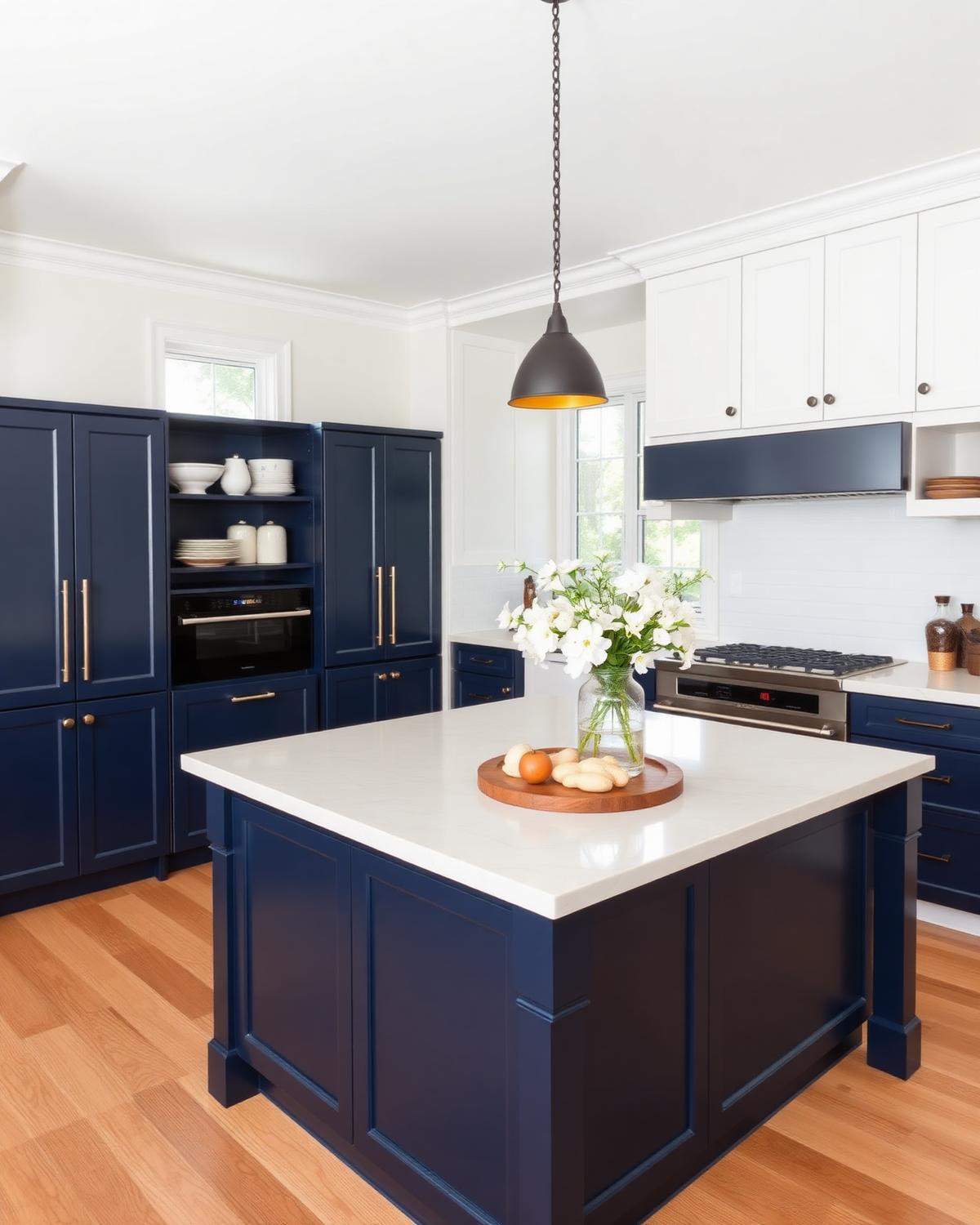 Kitchen island with freshly painted navy cabinetry