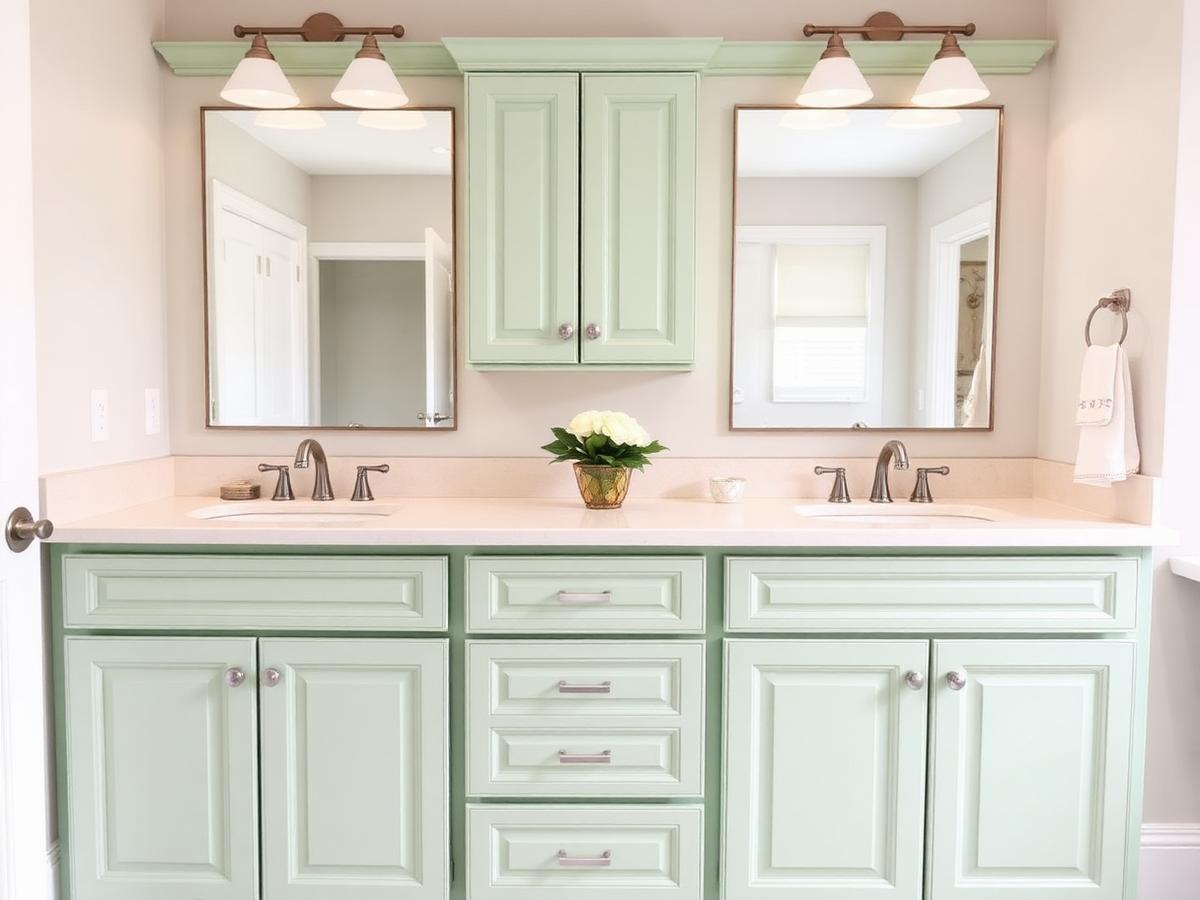 Bathroom vanity with freshly painted green cabinet doors
