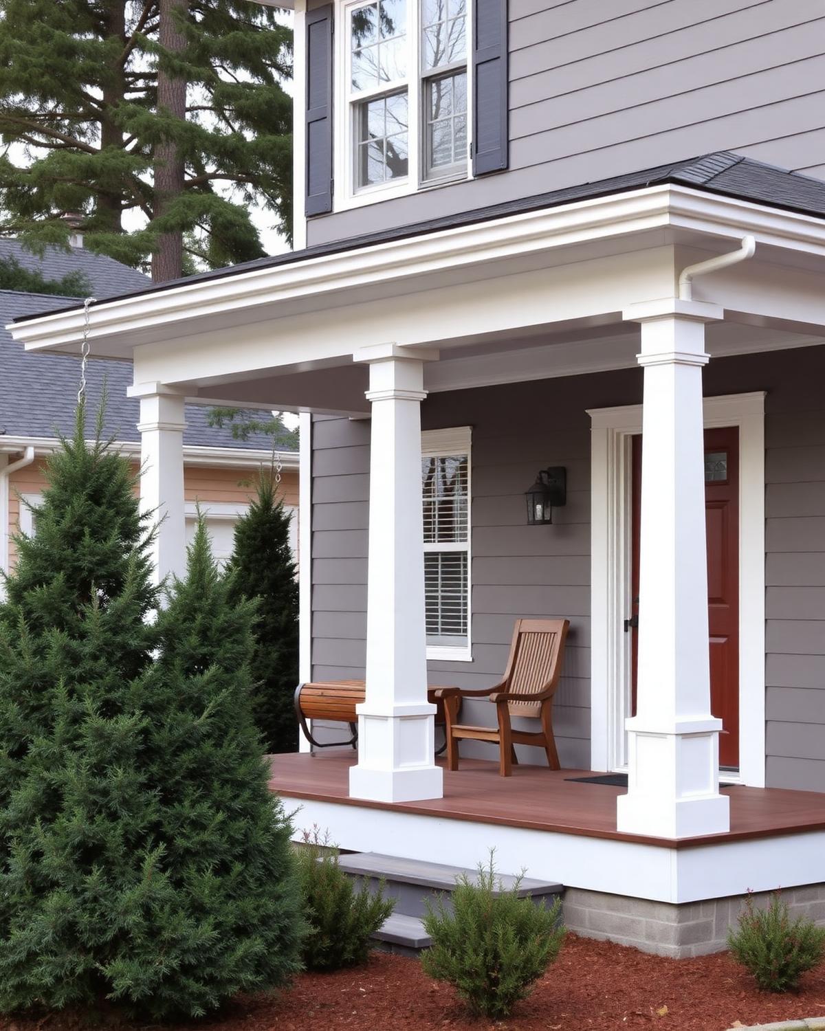 Craftsman porch with freshly painted columns and gray siding