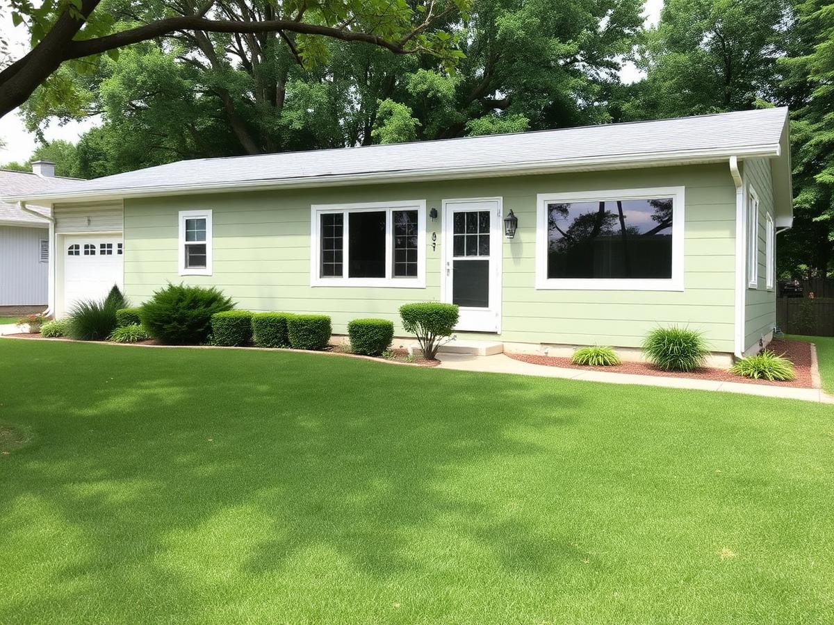 Single story home with freshly repainted sage green siding