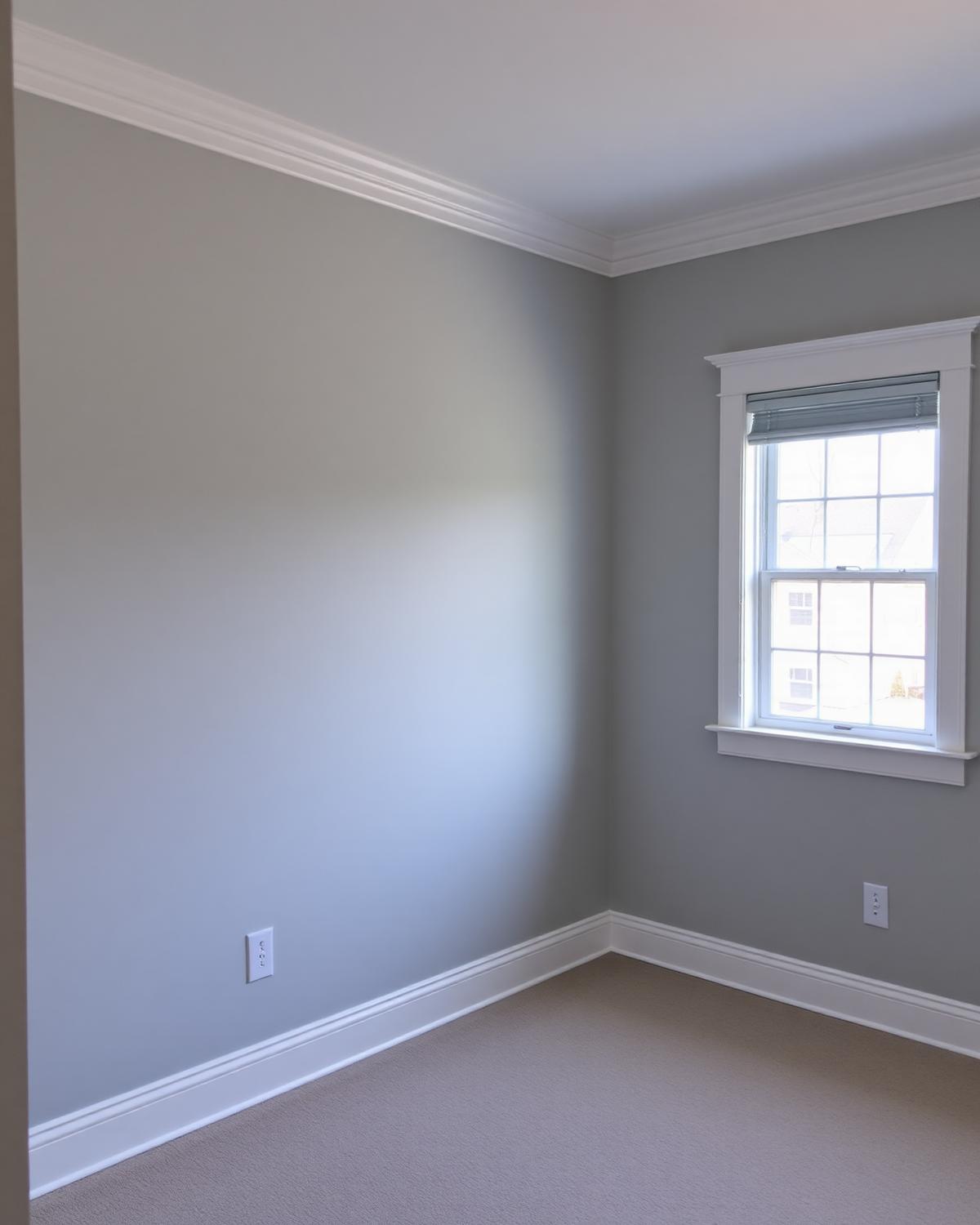 Bedroom with soft gray walls and crisp white baseboards