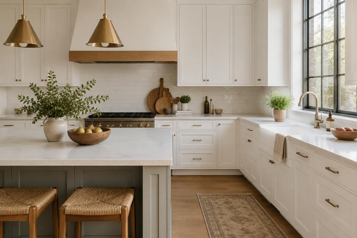 Upscale kitchen with freshly painted white cabinets and brass hardware