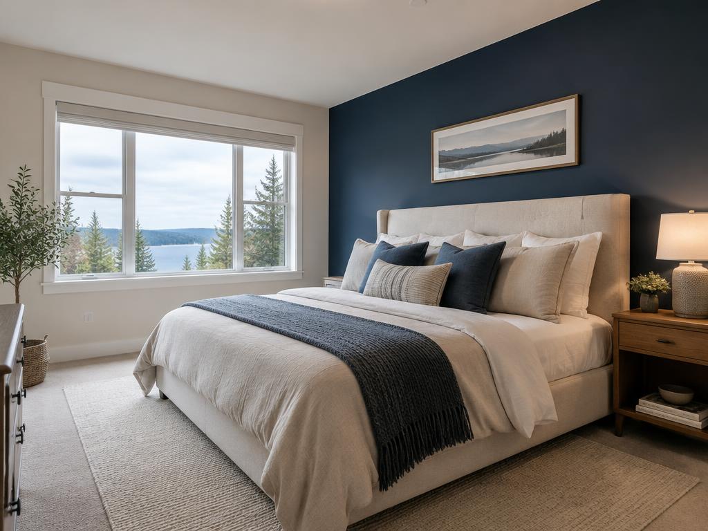 Bedroom with a deep blue matte accent wall behind an upholstered bed