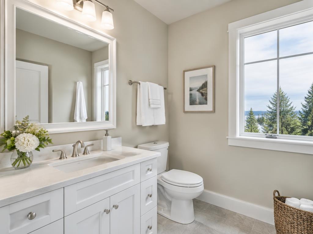 Upscale bathroom with professionally painted satin-finish walls and a white vanity