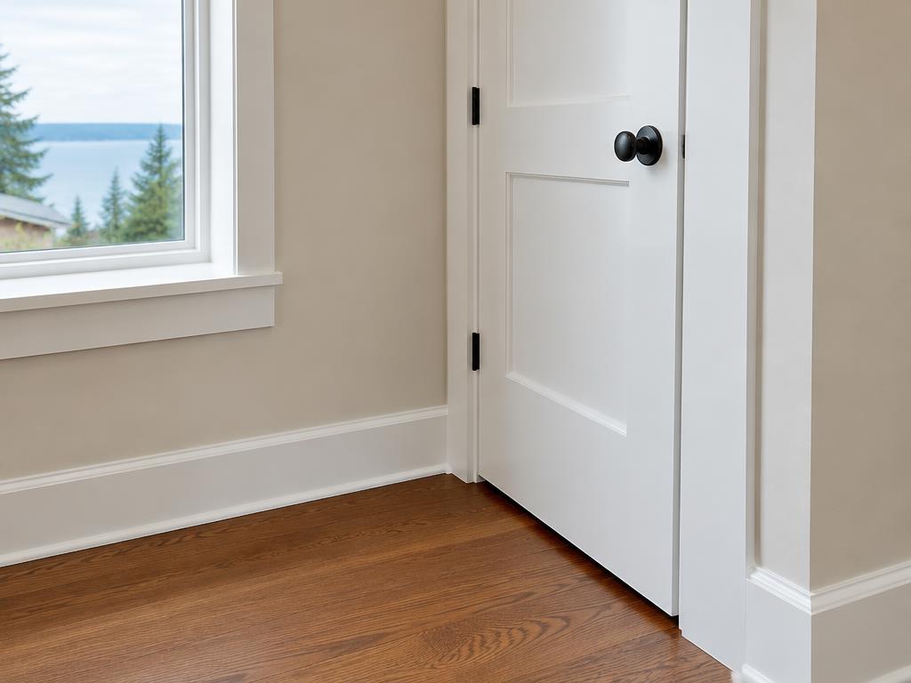 Crisp white satin-finish baseboards, window trim, and a paneled interior door