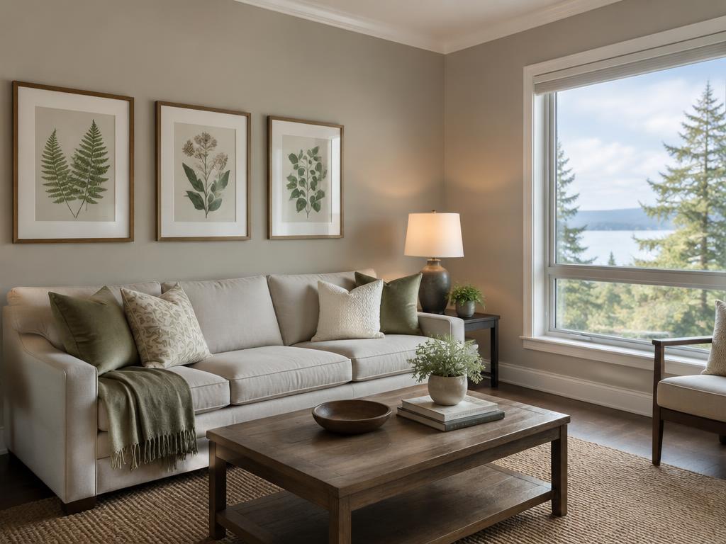 Living room with professionally painted eggshell-finish walls and framed botanical artwork
